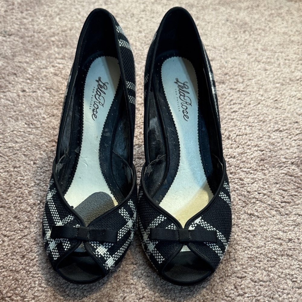 Lela Rose Adorable Black and White Plaid Fabric Peep-Toe Heels Size 8 - Picture 3 of 11
